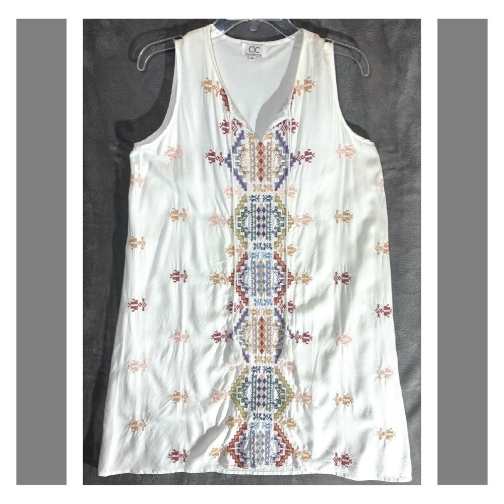 White Sundress Short Length Sleeveless‎ Embroidered Boho Tassel Shift Med Lined